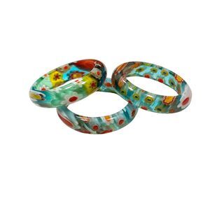 Vintage Millefiori Murano Art Glass Ring Band Size 9 Flowers Multicolor Aqua